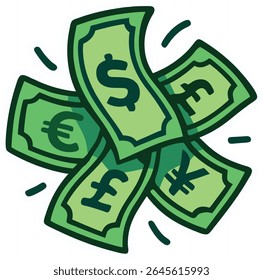 Vector art of dollar, euro, yen, and pound bills isolated on white background