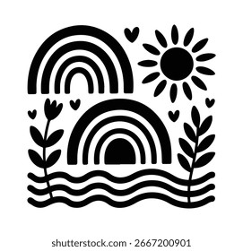 Vector Art Double Rainbow with Sun, and Leaves – Cute Boho Style Line Art for Kids Decor, Stickers, Wall Art or Sublimation – Hand Drawn Black and White Illustration, graphic, design