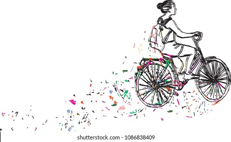 Vector art drawing of artistic young woman on bike in motion.