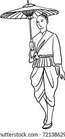 Vector art drawing of Asian beautiful lady wearing a traditional costume with an umbrella, identity culture of Thailand 