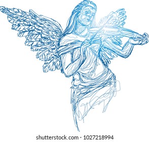 Vector art drawing of beautiful fairy with long hairstyle playing Violin, The angel plays a soul melody on a violin