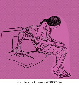 Vector art drawing of beautiful woman sitting on chair with a tablet in hands on pink background