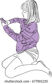 Vector art drawing of Beautiful young woman being lonely Waiting for the phone on white background