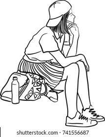 Vector art drawing of beautiful young woman thinking and looking upwards, cute girl on white background with her arm under her chin