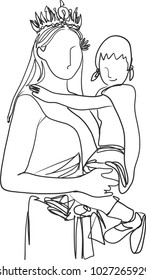 Vector art drawing of beauty queen wearing a crown and little girl, woman holding her little girl.