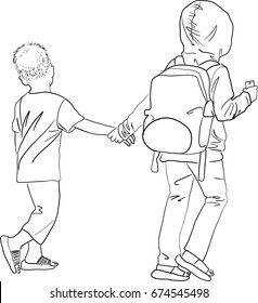 Vector art drawing of boy and girl walking in the school with holding their hands