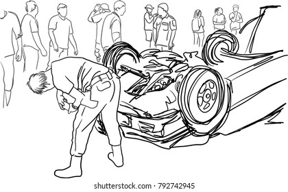 Vector art drawing of car turned upside-down after the road collision and man taking a photo of a car accident on mobile phones