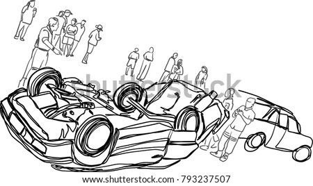 Vector art drawing of car turned upside-down after the road collision and Crowd of people