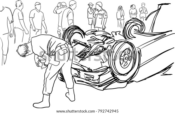 Vector art drawing of car turned upside-down after\
the road collision and man taking a photo of a car accident on\
mobile phones