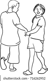 Vector art drawing of cartoon romantic boy and girl in love holding hands,  children's drawing style series.