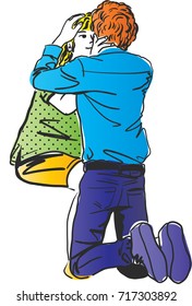 Vector art drawing of Charming couple of man and woman. Man standing on his knees
