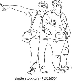 Vector art drawing of Check this out!  Woman pointing away 