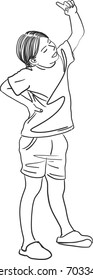 Vector art drawing of child pointing up with the finger on a white background, Cheerful girl pointing his forefinger up. 