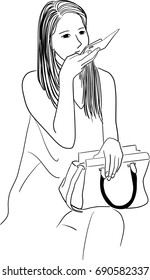 Vector art drawing of close up woman talking on her mobile phone with handbag