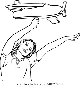 Vector art drawing of closeup portrait of beautiful woman holding airplane model in hand, concept dreaming about holidays, happy young woman with plane on white background