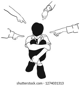 Vector art drawing of Concept of accusation guilty person. Vector of a sad young man sitting on floor many fingers pointing and hugs his knee.