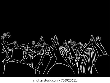 Vector art drawing of Concert Crowd Silhouette on black background