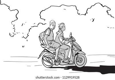 Vector art drawing of the couple are riding on a motorbike without wearing helmet on a sunny day with big beautiful cloud