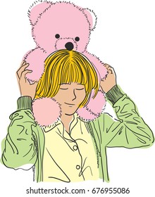 Vector art drawing of A cute teddy bear sit on her girl neck