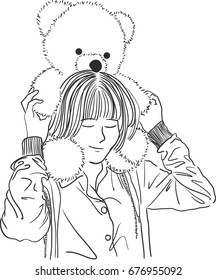 Vector art drawing of A cute teddy bear sit on her girl neck