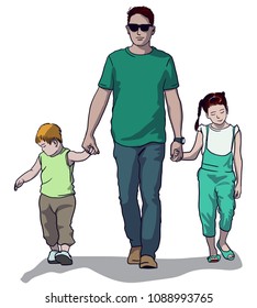 Vector art drawing of dad walking with his daughter and son. Father's Day.