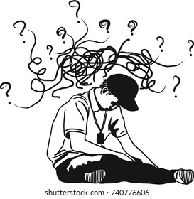 Vector art drawing of Depressed young man, Man under stress because of too much problems.