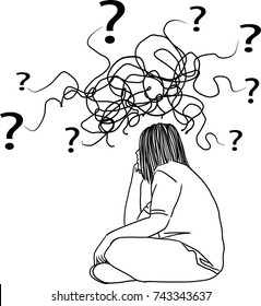 Vector art drawing of Depressed young woman, woman under stress because of too much problems.