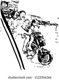 Vector art drawing of family ride a motorbike on the street.