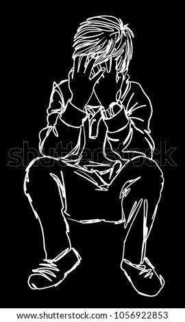 Vector art drawing of The fat man sat with his closed on his face to hide the tears of regret and disappointment with what had happened to his
