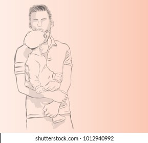 Vector art drawing of father holding little boy in his arms on orange red background