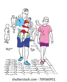 Vector art drawing of father and son out for a walk, Dad holding his son, Happy Father's Day