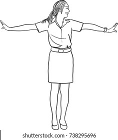 Vector art drawing of Freedom young woman with arms up outstretched on white background