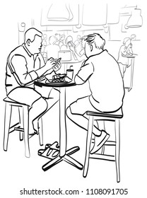 Vector art drawing of friends having lunch in a restaurant