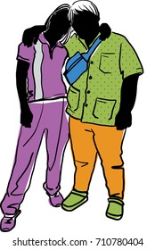 Vector art drawing of friends hugging each other