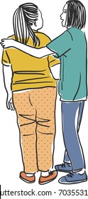 Vector art drawing of friendship help support and difficult times concept. Depressed woman embracing her friend on white background, woman comfort his friend