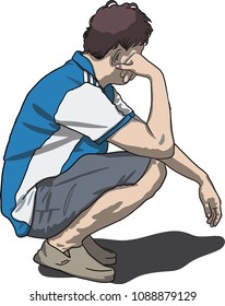 Vector art drawing of Frustrated man touching his head while sitting on floor, sad man sitting alone on white background