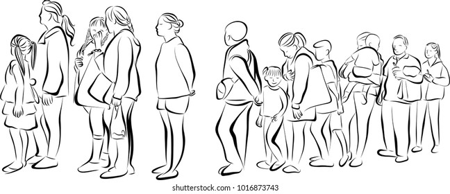 Vector art drawing full length side view people standing in row against white background
