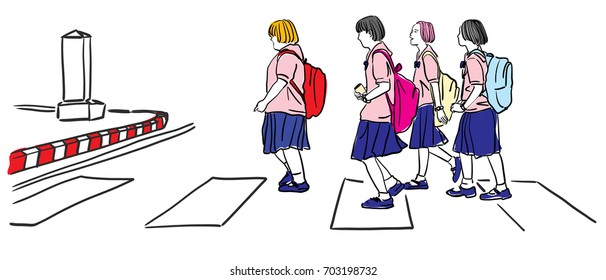 Vector art drawing of group student walk on crosswalk pedestrian walkway, young woman walking together on campus