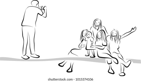 Vector art drawing of group of teenagers taking photo
