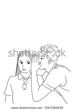 Vector art drawing of handsome young man whispering a secret to a cute woman on white background.