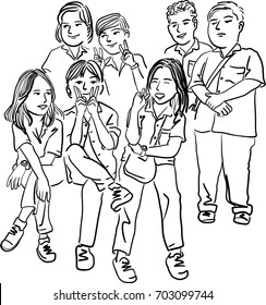 Vector art drawing of Happy friendship concept with young people having fun together