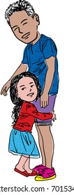 Vector art drawing of Happy loving family, The little girl hugs the daddy.