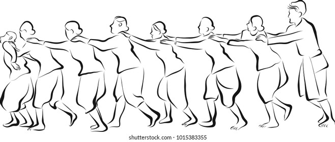 Vector art drawing of happy trendy teenage friends walking in a row line holding forward guy by shoulders with hands and facing his back. Playing millipede game. friend Forming a Train