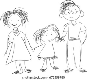 Vector art drawing of happy young family holding hands vector silhouette illustration isolated on background.