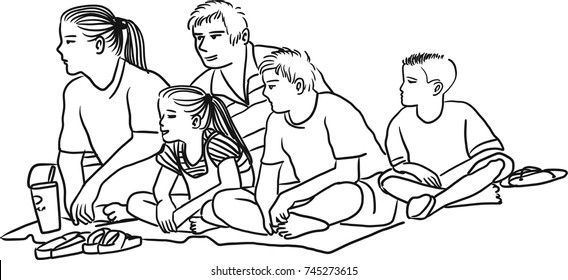 Vector art drawing of happy young family sitting on the floor