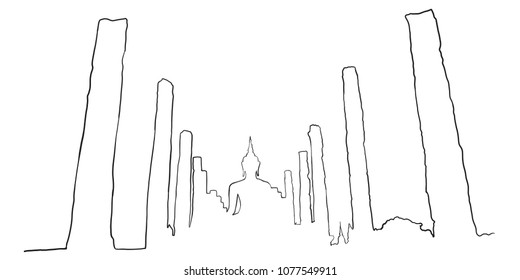 Vector art drawing of historical park of Sukhothai city. Thailand. (Wat Mahathat Historical Park)