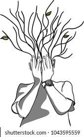 Vector Art Drawing Of Human Head Growing In The Shape Of Tree, Human Putting Hands Off The Page. It May Be Because Of Regret Or Anxiety And Stress.