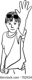 Vector art drawing of Little boy showing stop with his hand on white backgound