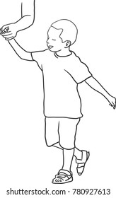 Vector art drawing of little boy walking with father isolated on white background
