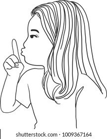 Vector art drawing of little girl with finger over her mouth, Silence Please sign for keep quite